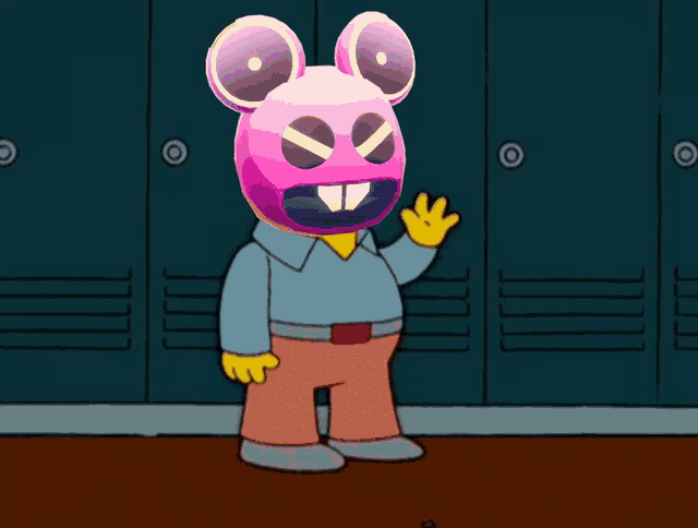 a cartoon character with a pink mouse head stands in front of a row of lockers