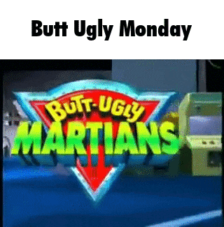 the butt ugly martians logo is on a blue screen