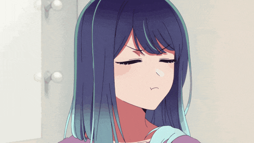 a girl with long blue hair is looking at herself in the mirror