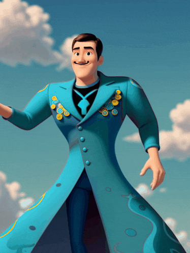 a cartoon character wearing a blue coat with buttons on the sleeves