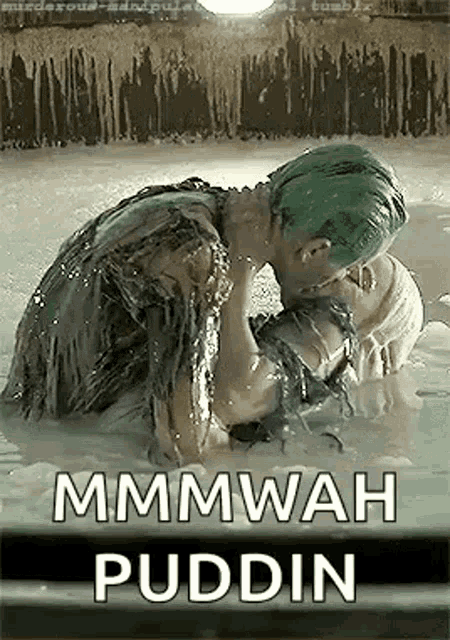 the joker and harley quinn are kissing in the water in a bathtub .