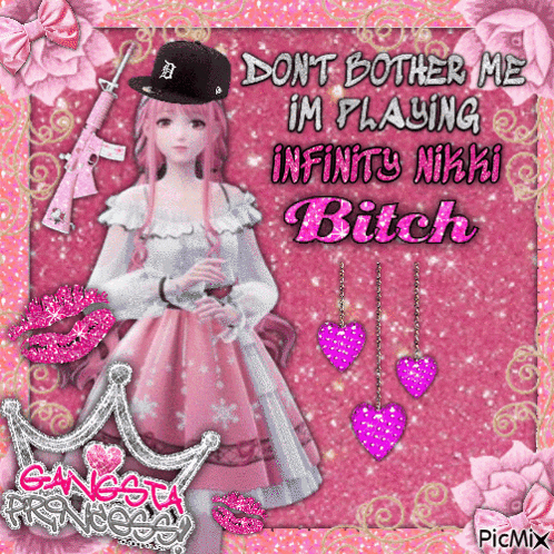 a girl in a pink dress is holding a gun and a hat with the letter d on it