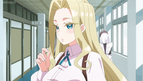 a girl with long blonde hair and blue eyes is standing in a hallway with the number 3 on the wall