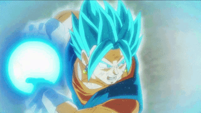 a cartoon character with blue hair is holding a blue object