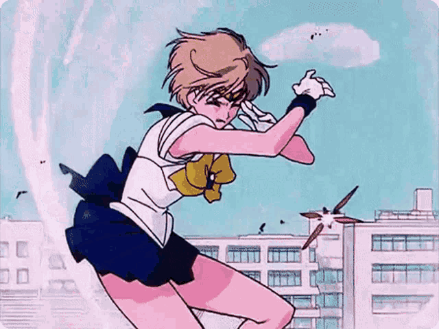 a girl in a sailor suit is flying through the air in front of a school building .