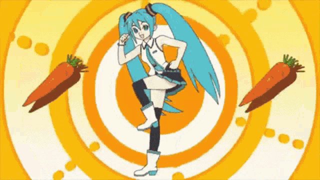 a cartoon of a girl dancing with carrots behind her