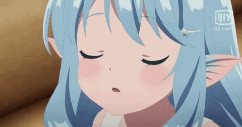 a close up of a girl with blue hair and elves ears