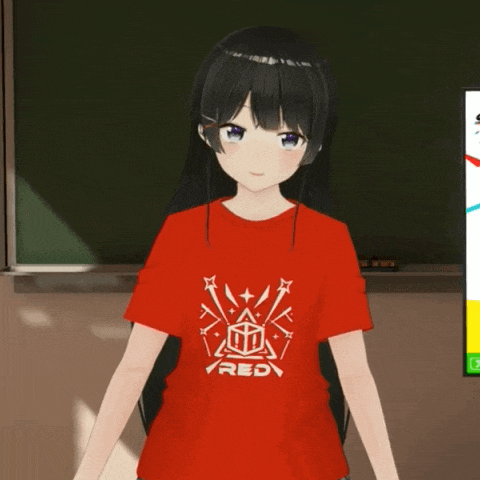 a girl wearing a red t-shirt that says red