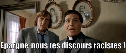 two men standing next to each other with the words epargne-nous tes discours racistes