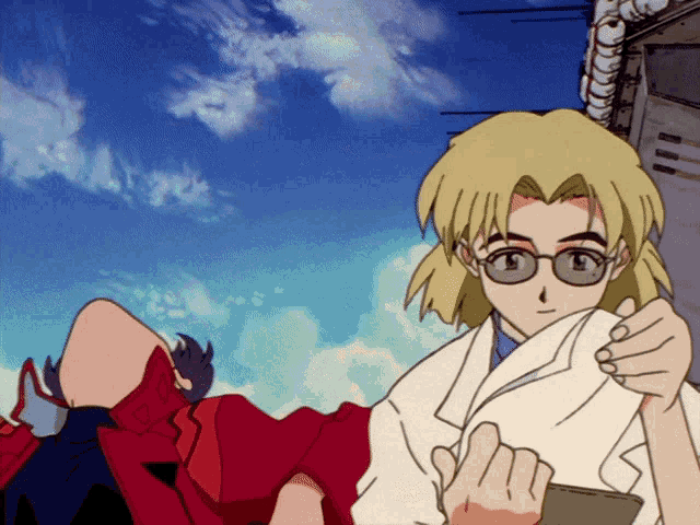 a woman in glasses holds a piece of paper in front of a blue sky with clouds