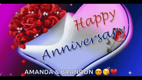 a pink heart with the words happy anniversary amanda and brandon on it