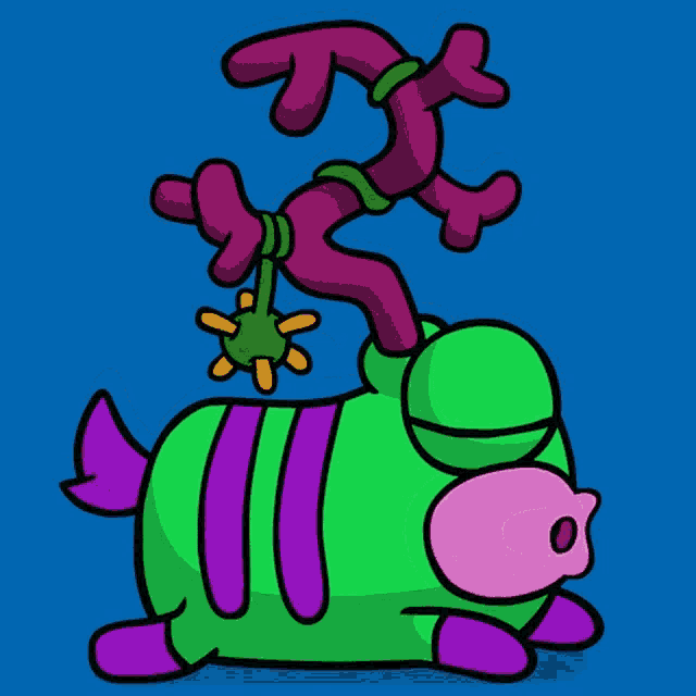 a cartoon drawing of a green and purple monster with a flower attached to its head
