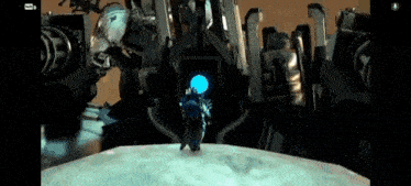 a cartoon character is standing in front of a large robot .