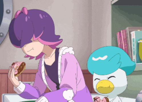 a cartoon drawing of a girl eating a donut next to a bird with the letter w on its head