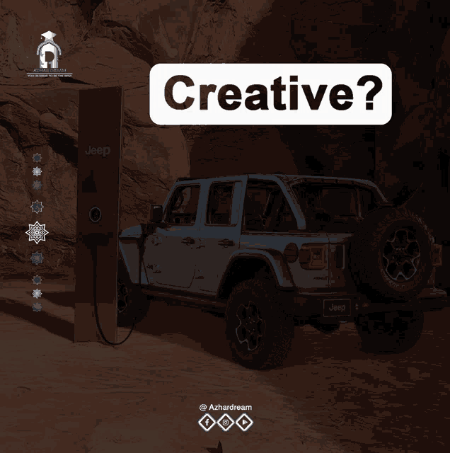 a jeep is plugged into a charging station and the words creative are above it