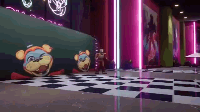 a cartoon character is standing in a room with a checkered floor and a wall .