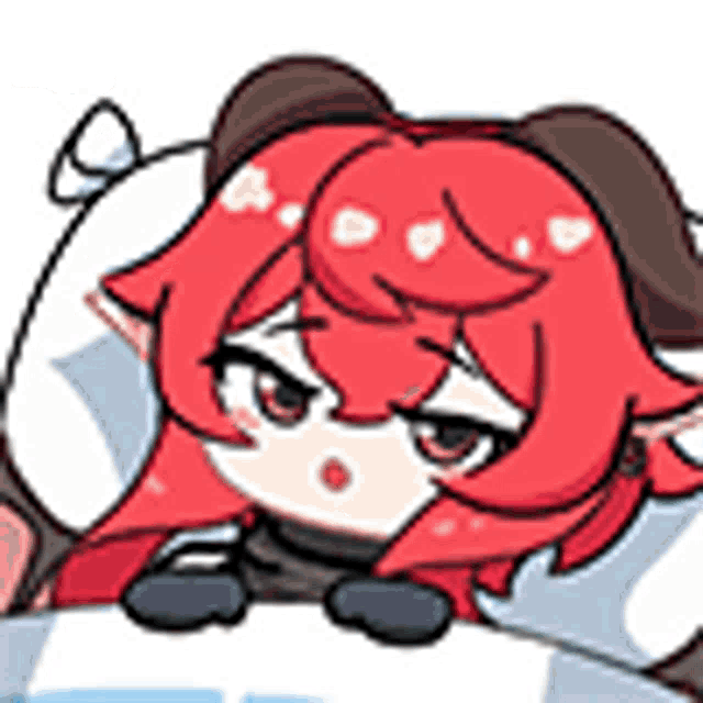 a cartoon character with red hair and horns is laying in a bed .
