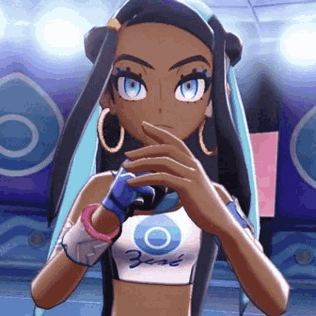a cartoon girl with blue hair and earrings is wearing a crop top with a circle on it and gloves .