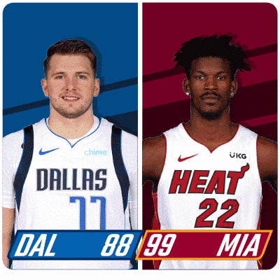two basketball players one from dallas and the other from heat are standing next to each other