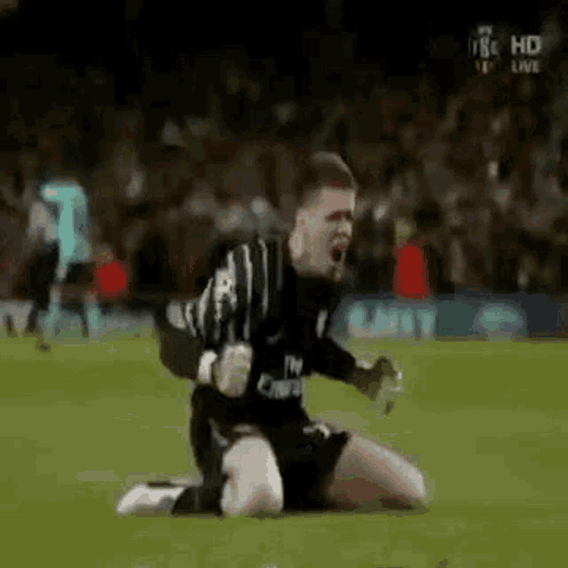 a soccer player is kneeling on the field during a match .