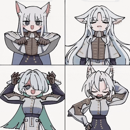 four drawings of a girl with white hair and cat ears .