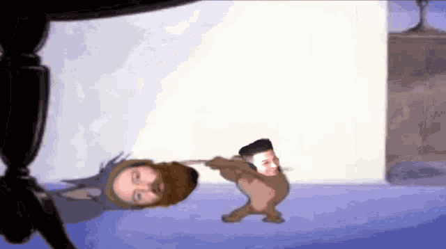 a cartoon of tom and jerry with a bearded man laying on the floor