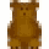 a pixel art of a brown teddy bear standing on a white background .