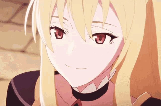 a blonde anime girl with red eyes and a choker around her neck
