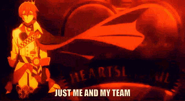 a cartoon character with the words just me and my team behind him