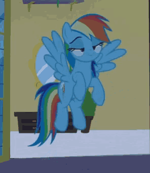 rainbow dash from my little pony is jumping in the air with her wings outstretched