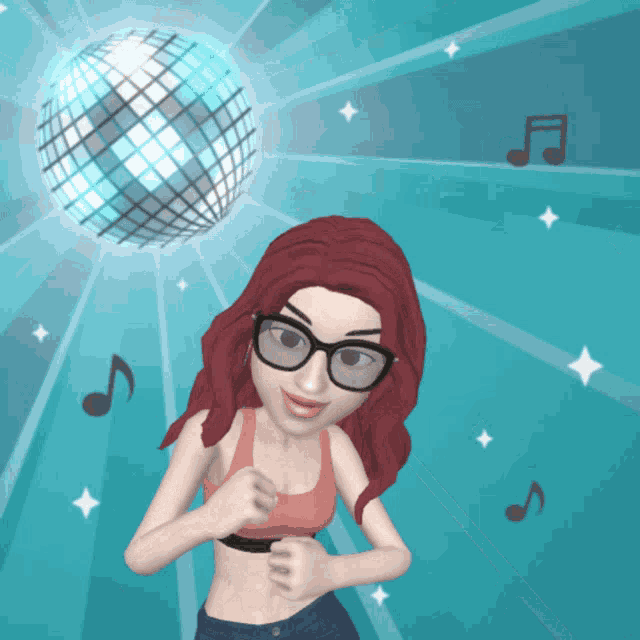 a cartoon girl is dancing in front of a disco ball and music notes