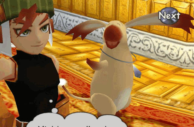 a video game character talking to a small animal with a next button