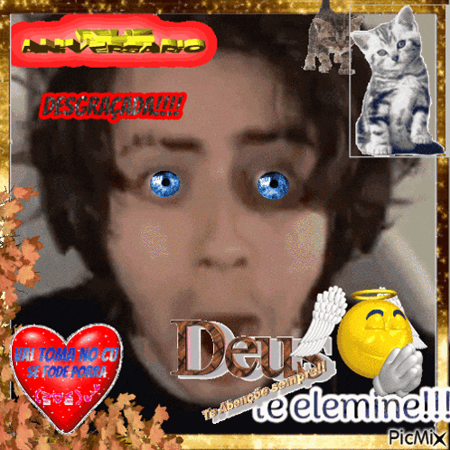 a picture of a man with blue eyes and the word deus on the bottom left