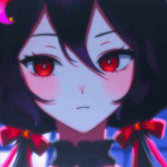 a close up of a girl with red eyes and bows