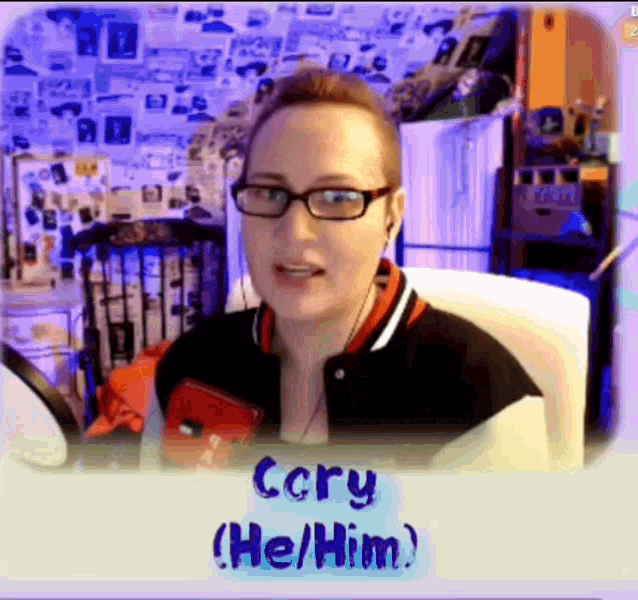 a woman wearing glasses and ear buds says ccry he him