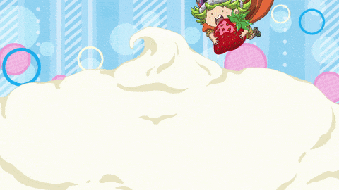 a cartoon character is eating a strawberry while laying in whipped cream