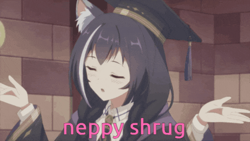 a girl with a cat ear is wearing a graduation cap and says neppy shrug