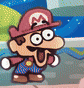 a cartoon of mario wearing a hat and overalls is standing on a sidewalk .