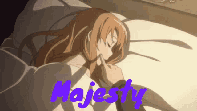 a picture of a girl laying in bed with the word majesty on the bottom