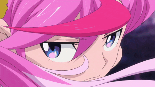a close up of a cartoon character with pink hair