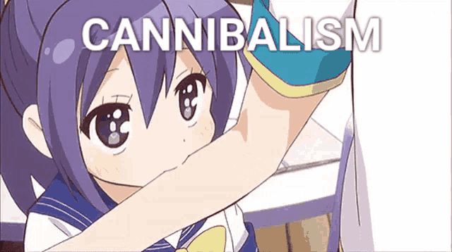a cartoon of a girl with purple hair and the word cannibalism on the bottom
