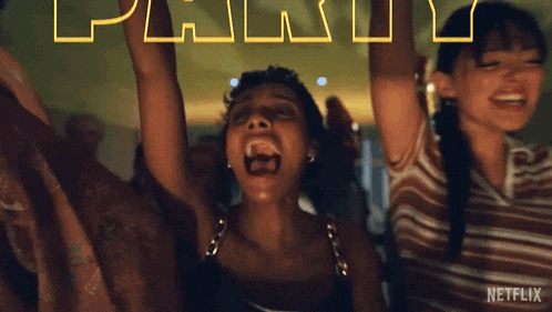 a group of people are dancing and the word party is written above them