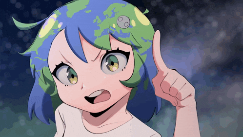 a girl with a globe on her head giving a thumbs up sign