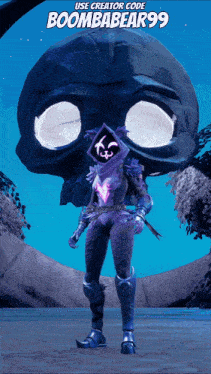 a video game character is standing in front of a giant skull with the creator code boombabear99 on the bottom