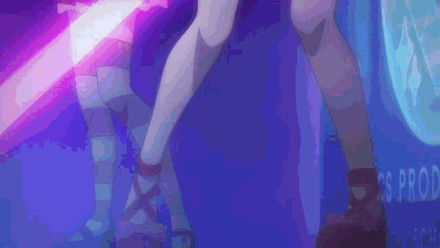 a purple light is shining on a person 's legs in front of a sign that says ' cs prod '
