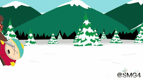 a cartoon drawing of a snowy landscape with trees and mountains