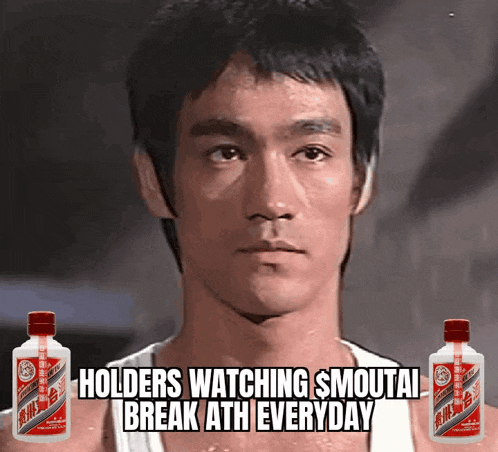 bruce lee is shown with two bottles of smoutai behind him