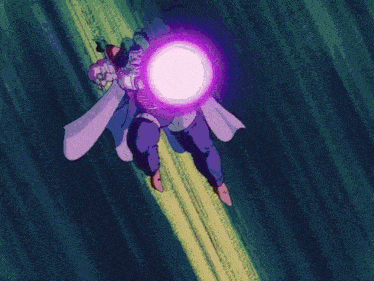 a cartoon character is flying through a purple sphere .