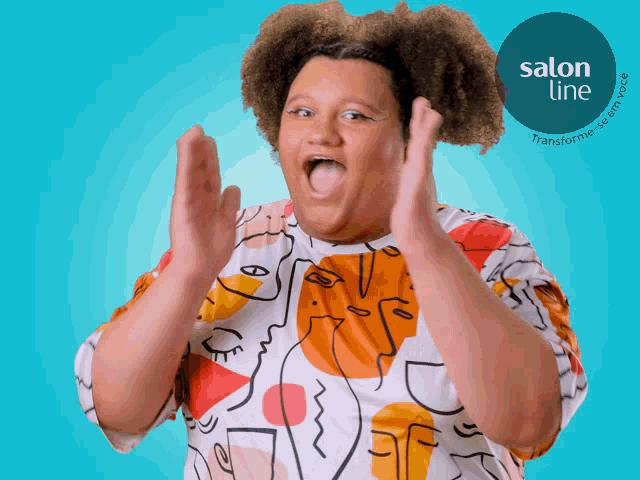 a woman applauds in front of a blue background with a salon line logo