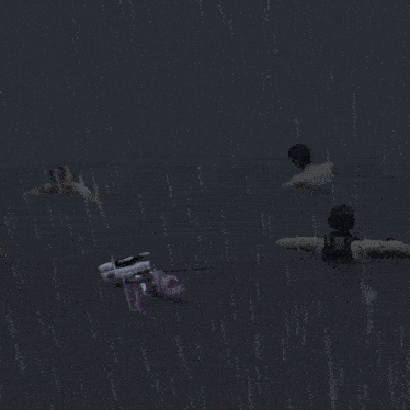 a group of people are swimming in the rain and one of them is wearing a panda mask
